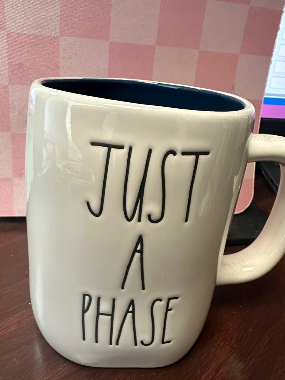 Rae Dunn White Mug with Black Interior "Just A Phase"